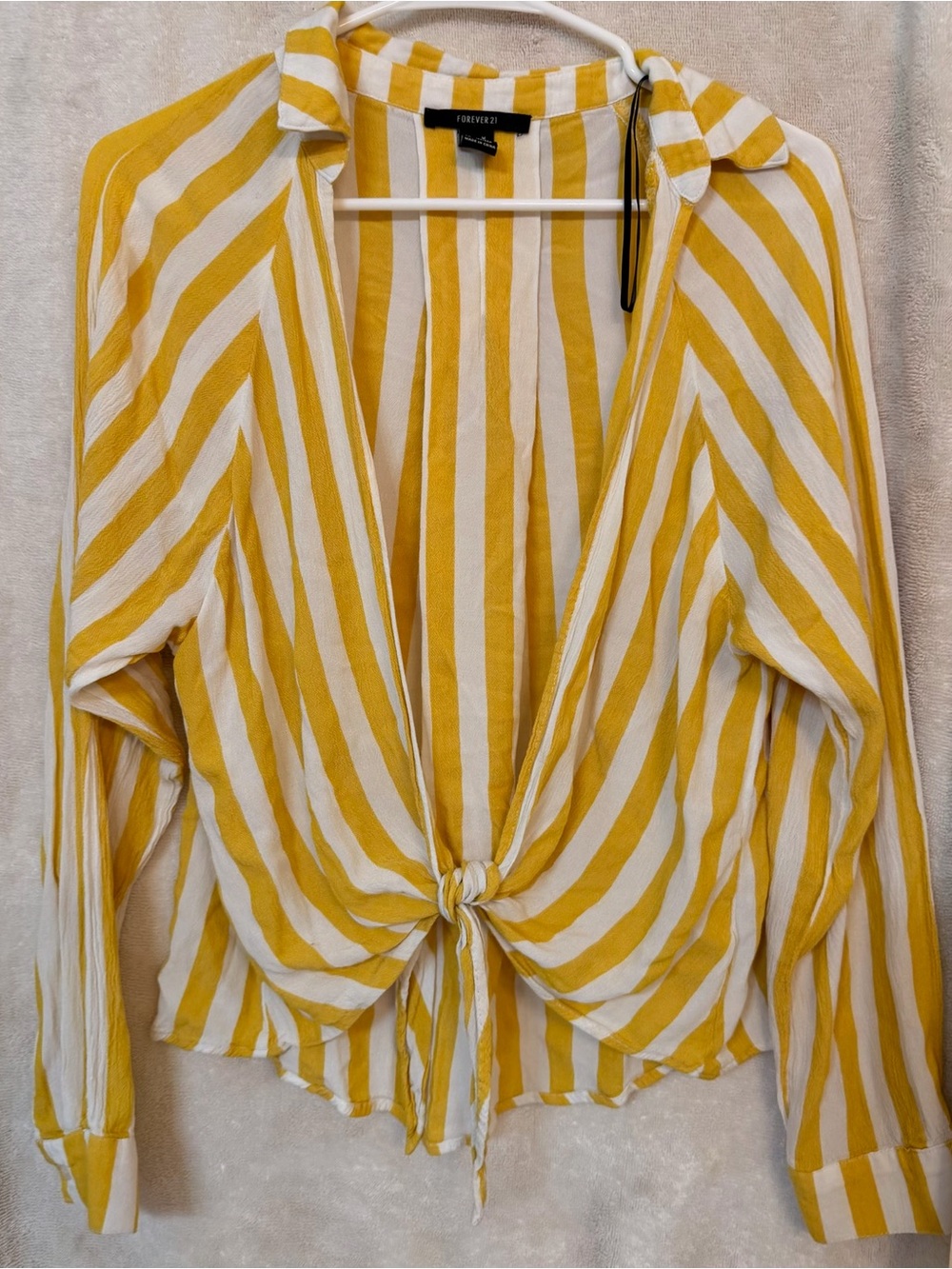Forever 21 Yellow & White Striped Tie-Front Button Down Shirt